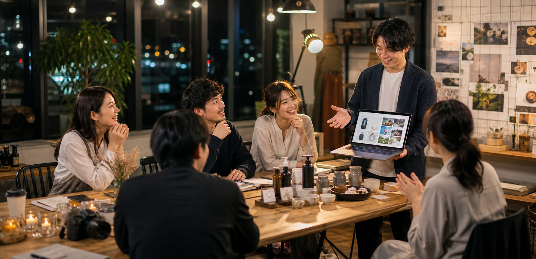 社員が小さな発表会でサービスを紹介する様子